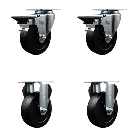 Service Caster 4'' Soft Rubber Wheel Swivel Top Plate Caster Set with 2 Posi Brakes 2 Rigid, 4PK SCC-20S414-SRS-PLB-2-R-2
